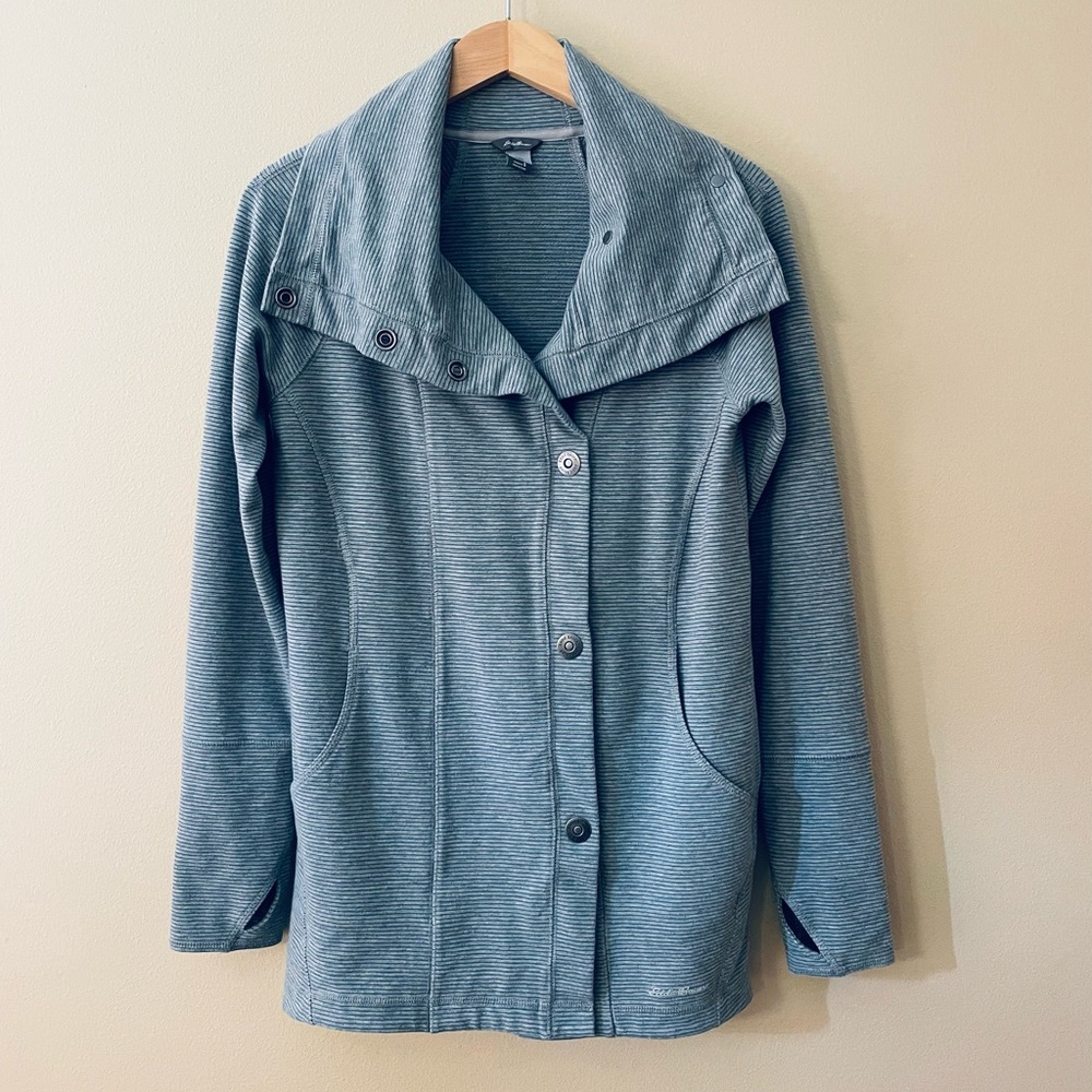 Women’s Eddie Bauer Snap Up Gray and Blue Jacket Size Small EUC - Picture 1 of 13